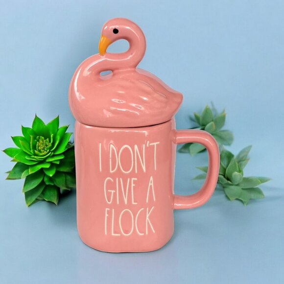 RAE DUNN Summer LL "I DON'T GIVE A FLOCK" Pink Mug With Flamingo Topper - - Picture 1 of 14
